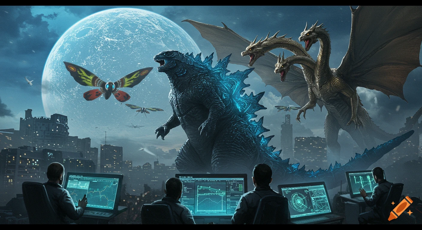 Godzilla, King Ghidorah, and Mothra over a city under a large moon, with scientists monitoring screens.