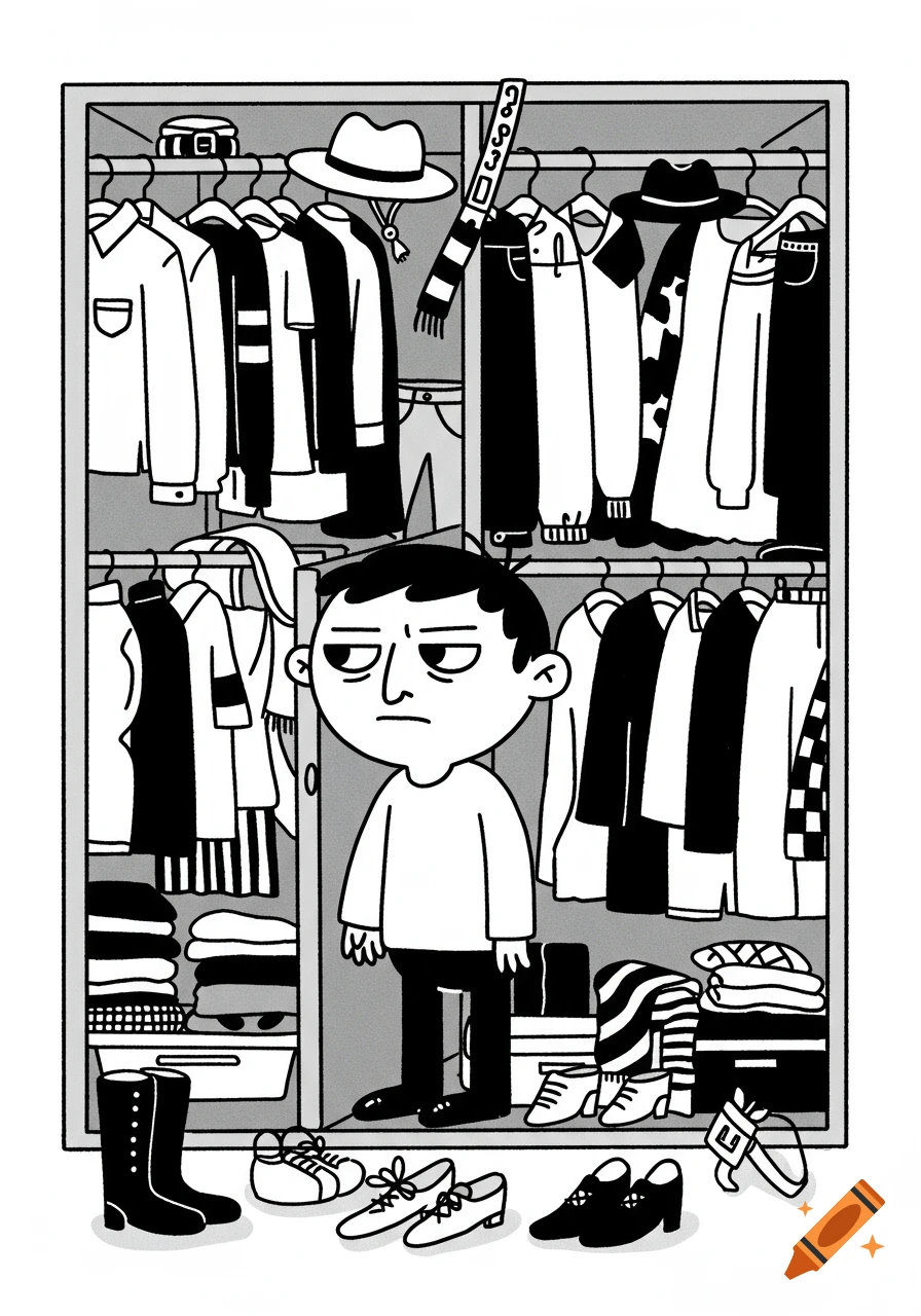 Black and white cartoon of a person looking unenthusiastically at a full closet of clothes.