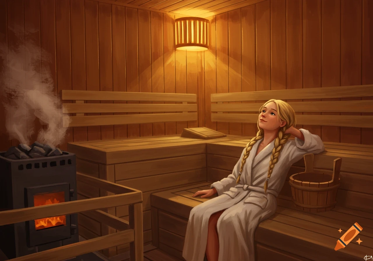 Digital painting of a young woman with braids relaxing in a wooden sauna.