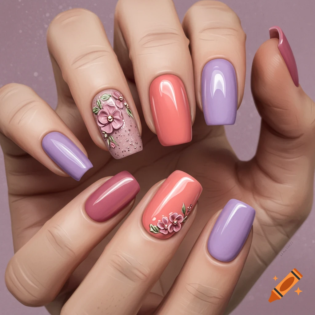 Close-up of a hand with elegant lavender, coral, and dusty rose nails, some with 3D floral designs.