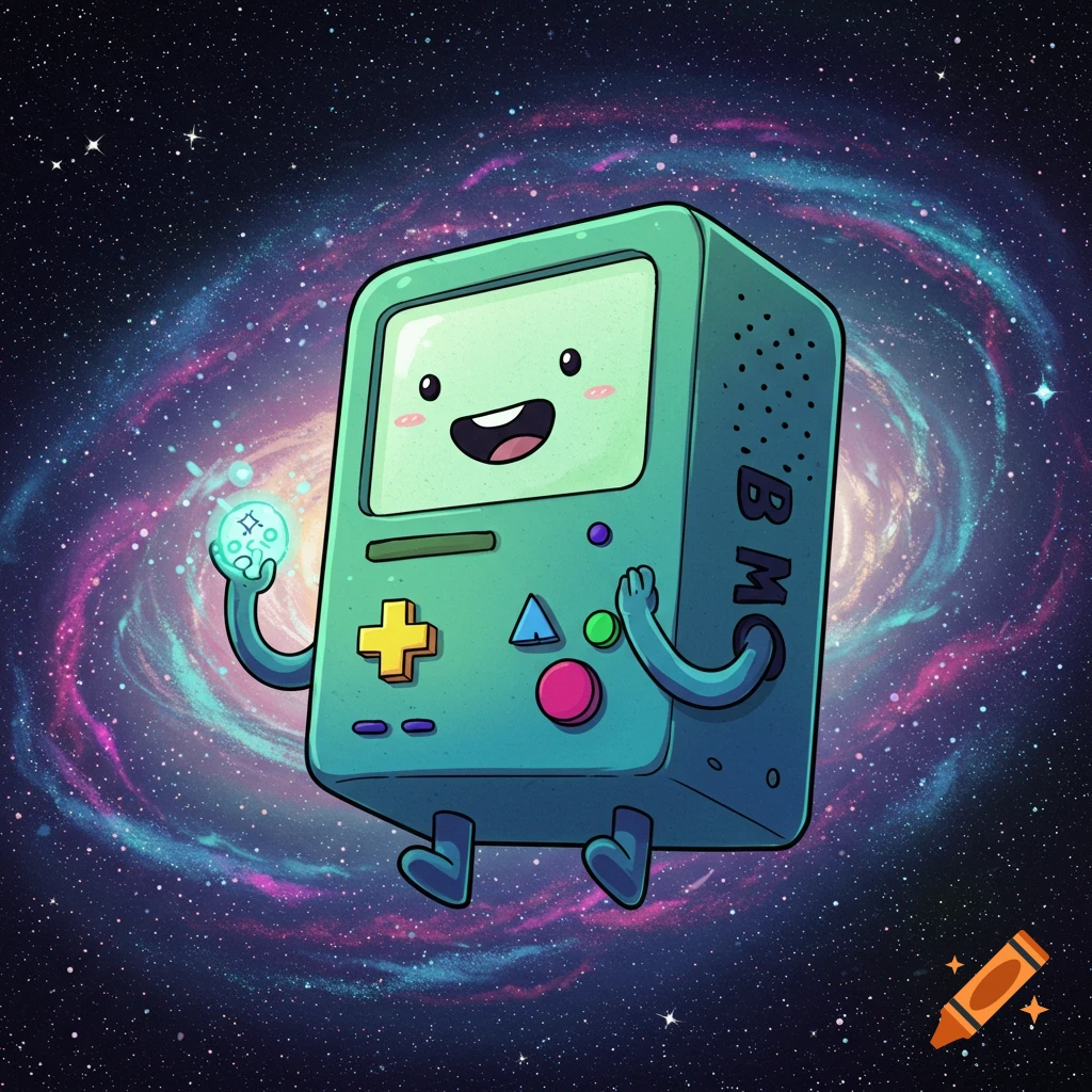 Cartoon character BMO floating in space holding a glowing orb