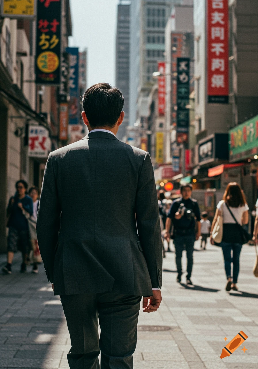 A man in a suit walks down a busy city street lined with signs and buildings.