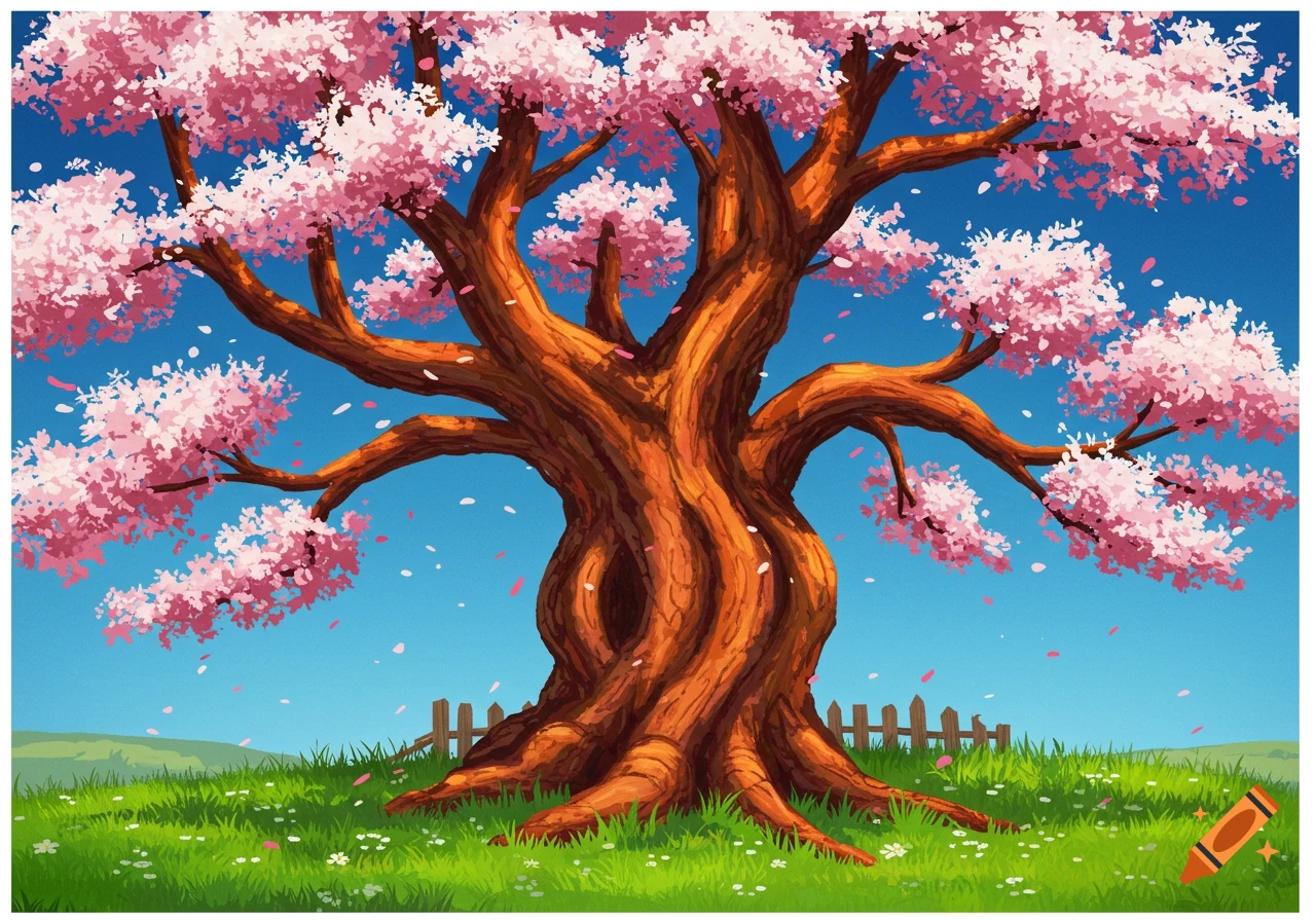 An illustrative image of a large cherry blossom tree with pink blossoms and falling petals in a grassy field.