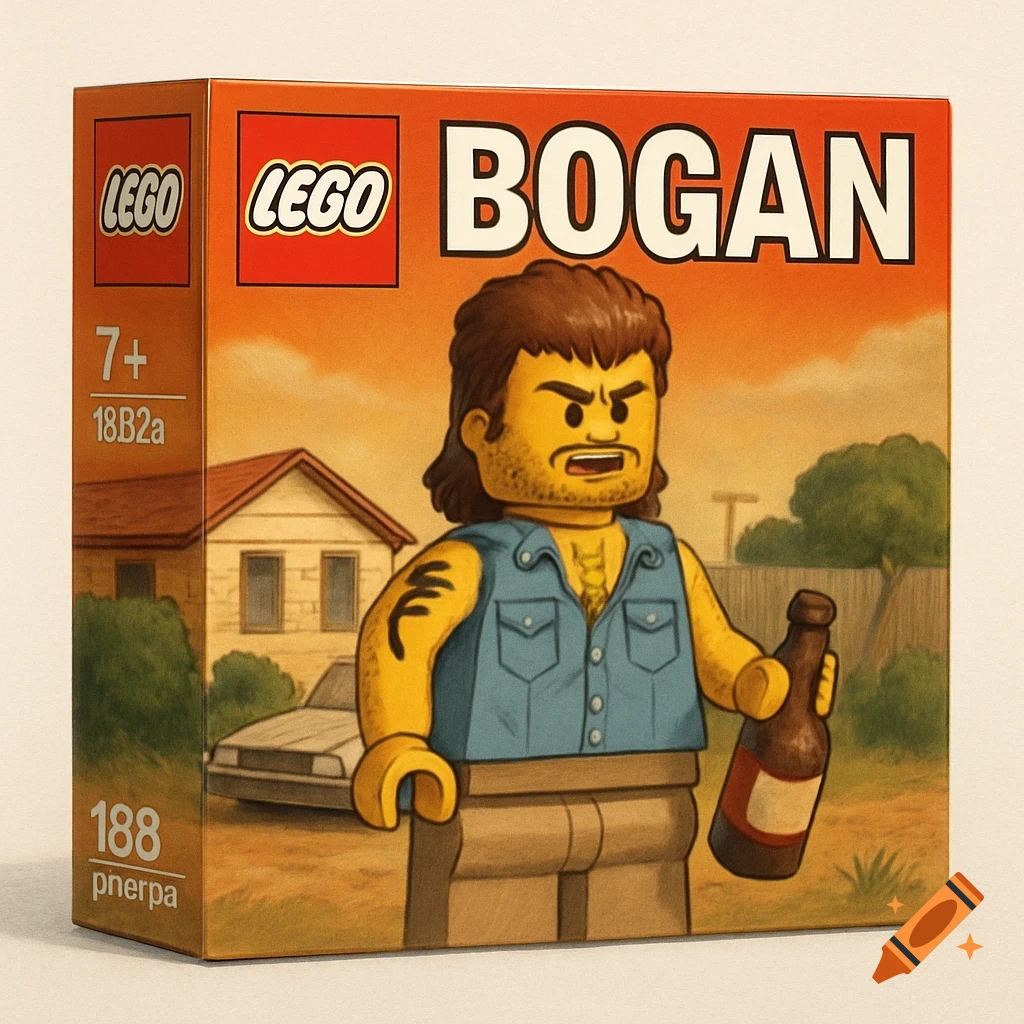 LEGO box for a Bogan set featuring a figure holding a beer bottle