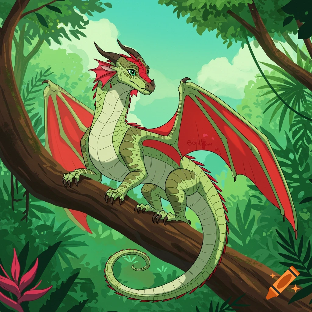 A green and red dragon sits on a tree branch in a lush forest, illustration style.