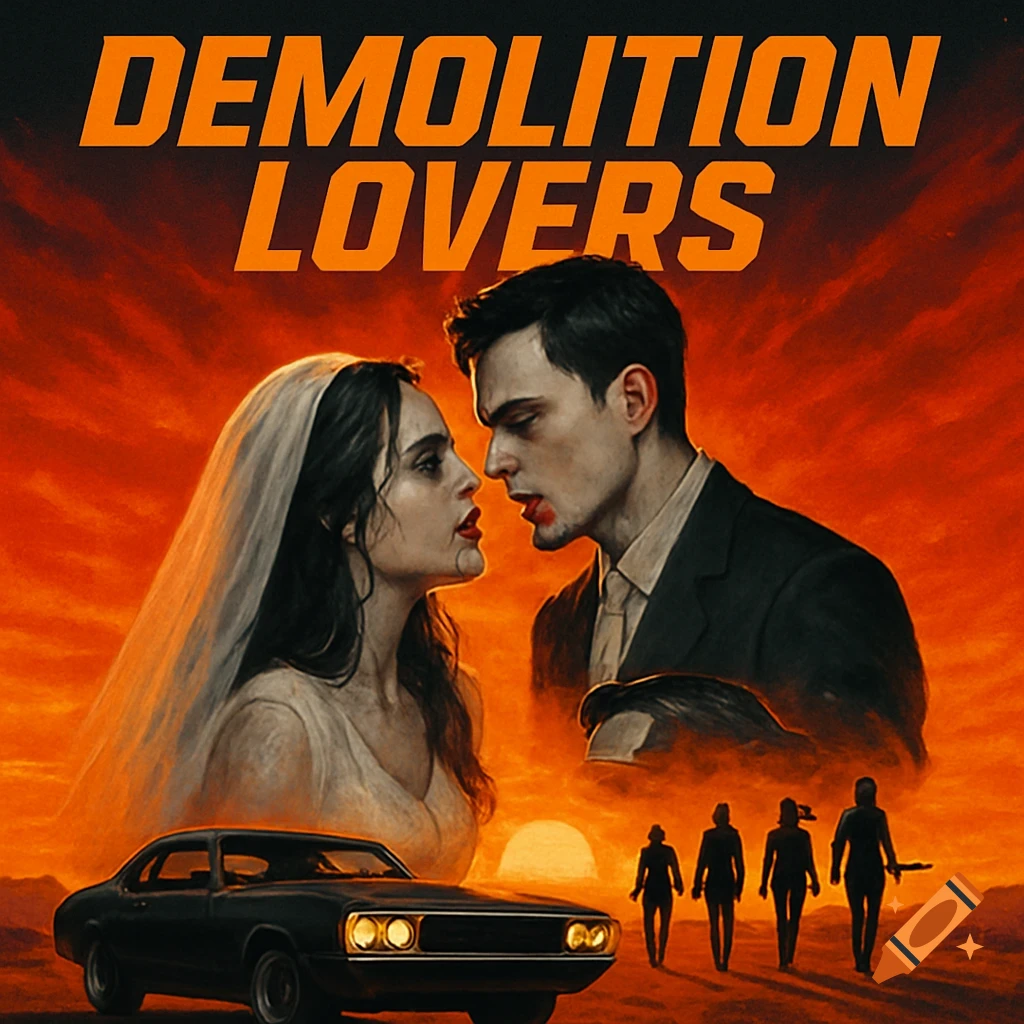 Movie poster illustration: vampire couple in wedding clothes in a desert with a car and silhouetted figures. Title: DEMOLITION LOVERS.