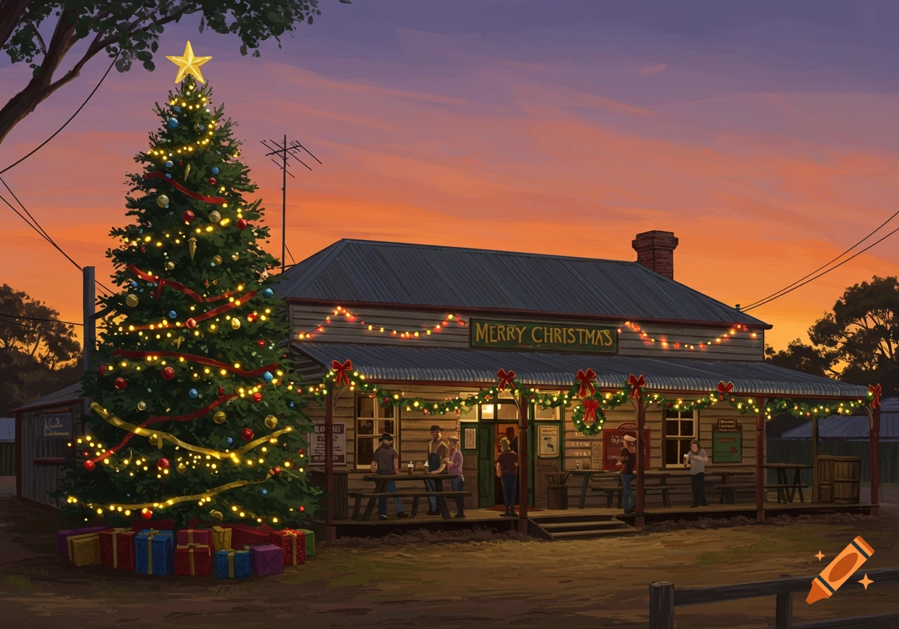 An Australian country pub decorated for Christmas at sunset with people outside.