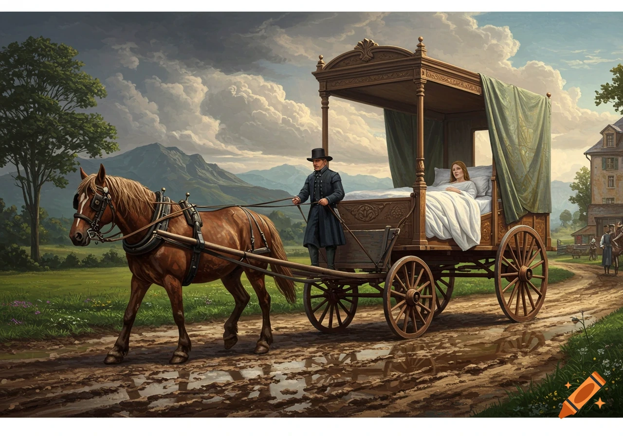 A historical scene of a horse pulling a wagon with a bed on it down a muddy road.