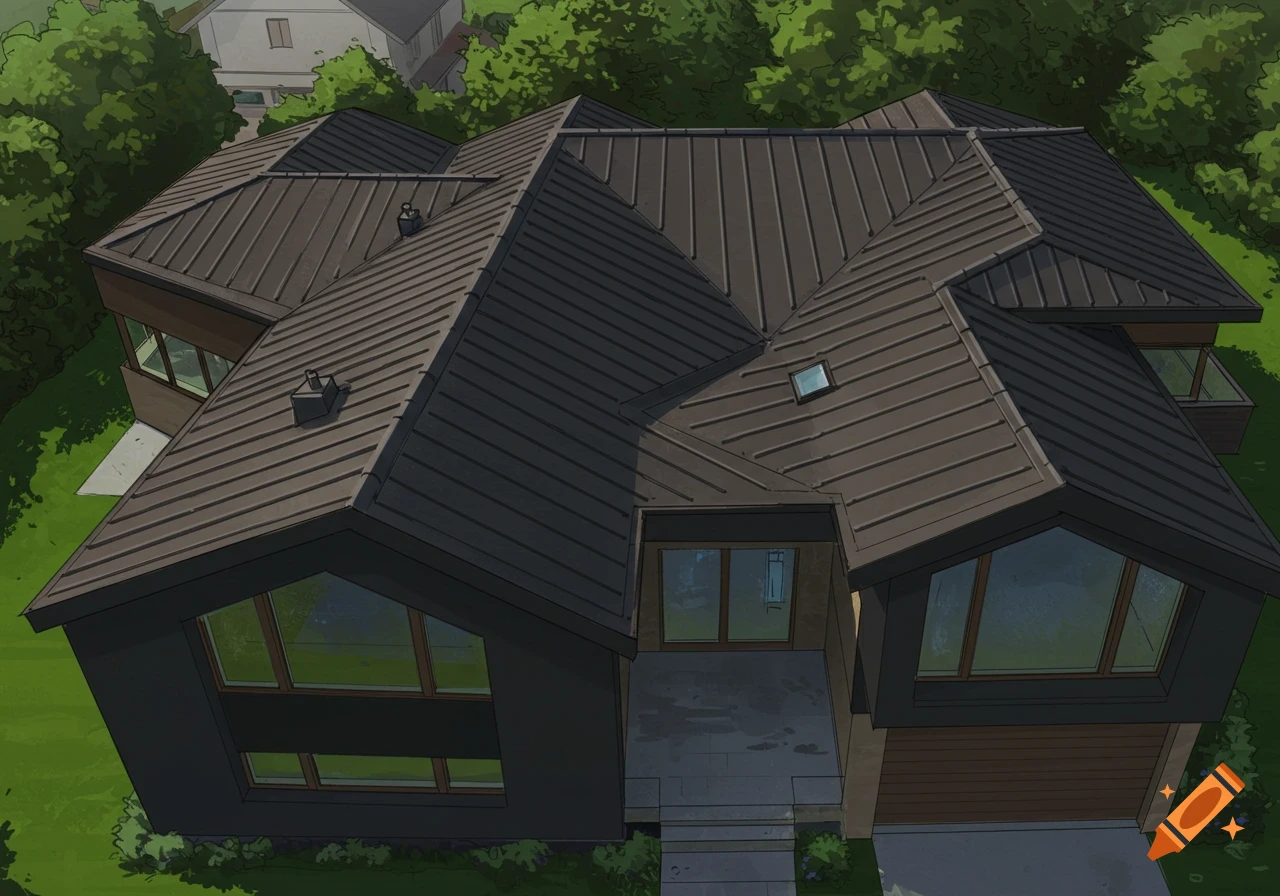 Aerial view of a modern house with a dark geometric metal roof and surrounding greenery.