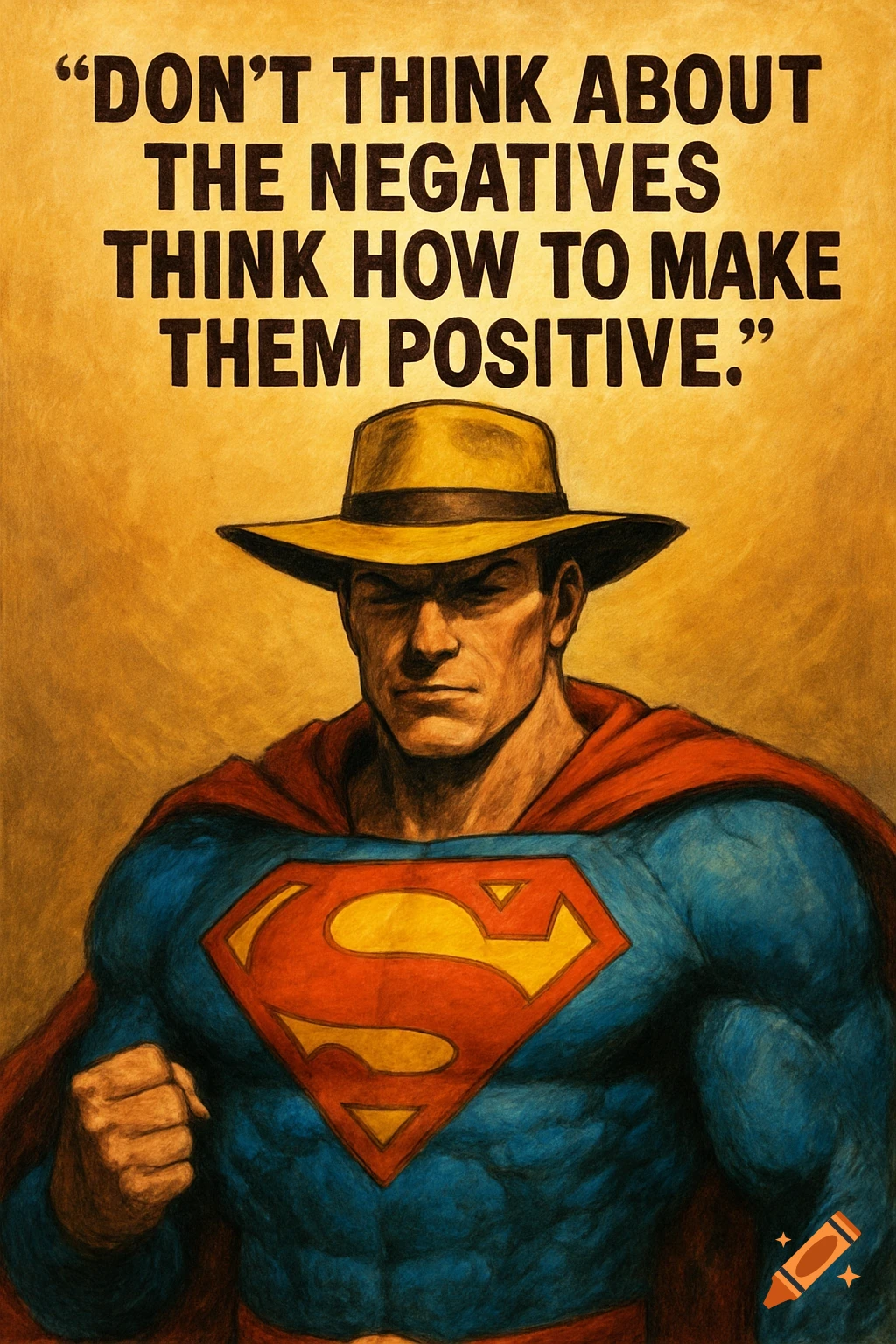 A superhero-like figure wearing a hat, with the quote "Don't think about the negatives think how to make them positive" above him, in a textured drawing style.