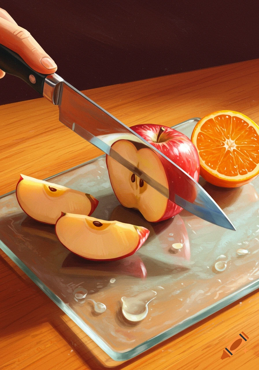 Hand cuts apple on glass cutting board next to orange, illustration.
