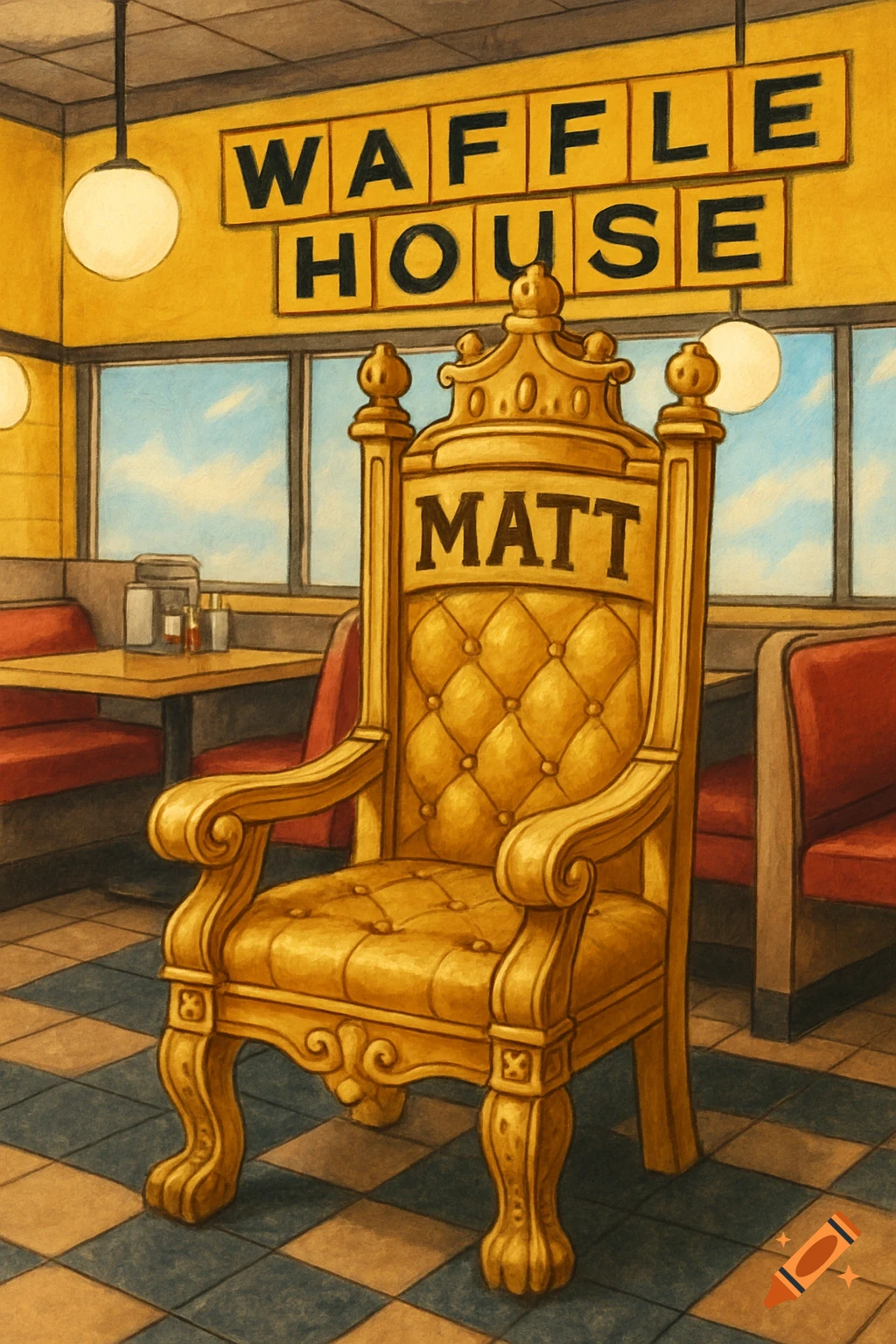 A golden, ornate throne sits in a Waffle House dining area. The Waffle House sign is visible, and 'MATT' is written on the throne's back.