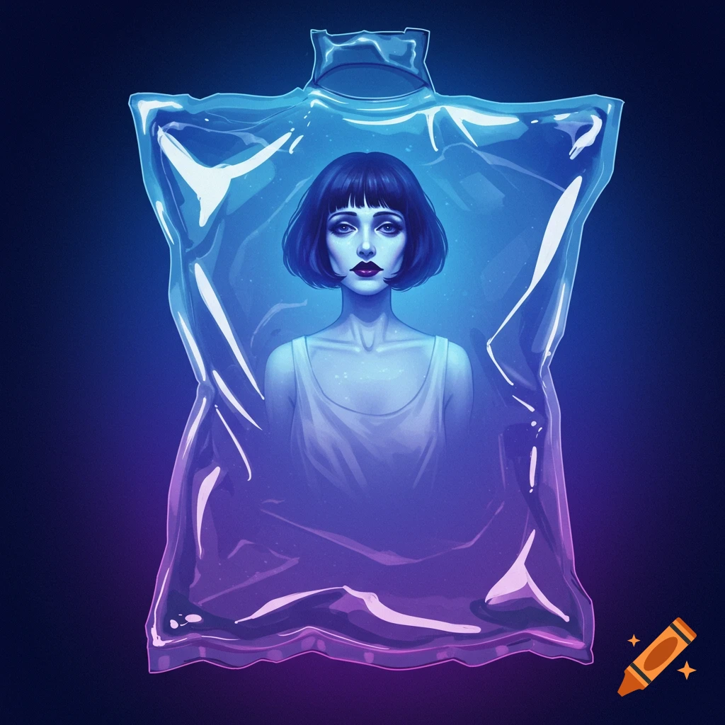 Digital illustration of a woman inside a clear bag with blue and purple lighting.