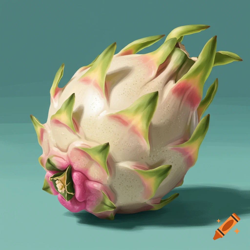 A close-up illustration of a white dragon fruit on a teal background.