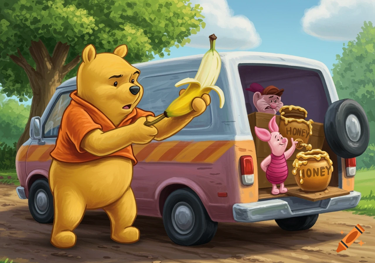 Winnie the Pooh holds a banana like a weapon beside a van loaded with honey jars, with Piglet and another character.