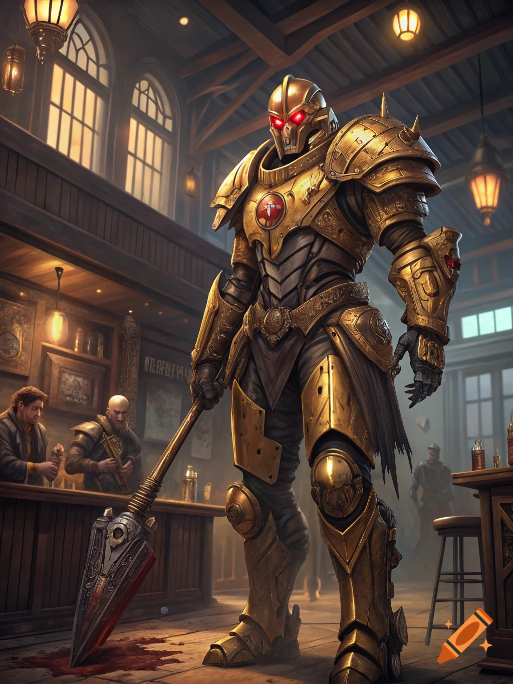 A towering golden armored figure stands in a tavern holding a spear.
