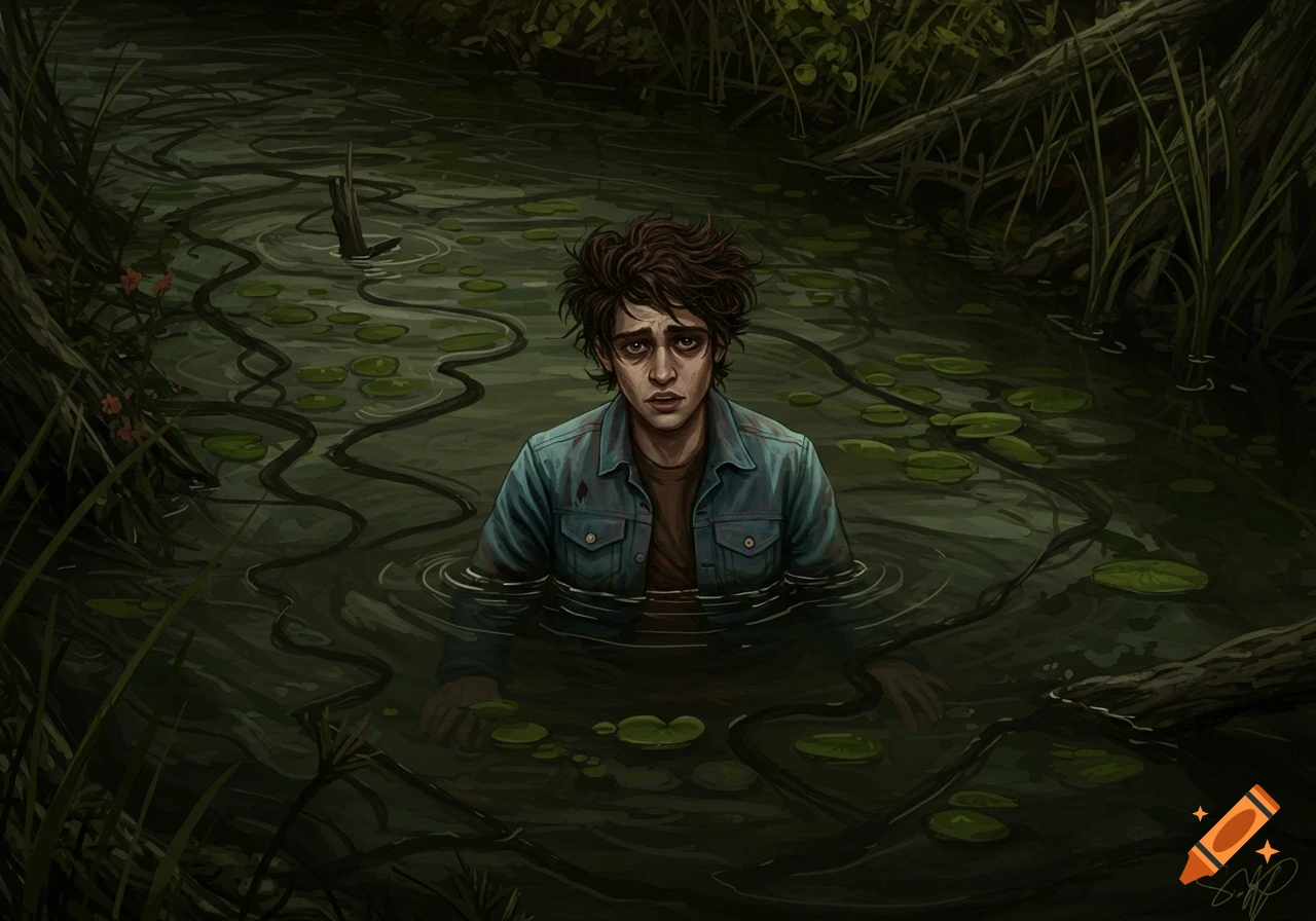 Digital art illustration of a distressed young man chest-deep in murky swamp water among lily pads and reeds.