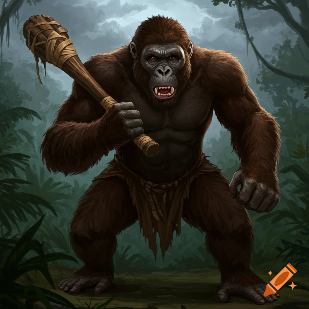 A muscular warrior ape stands in a jungle, holding a wooden club. Digital painting.