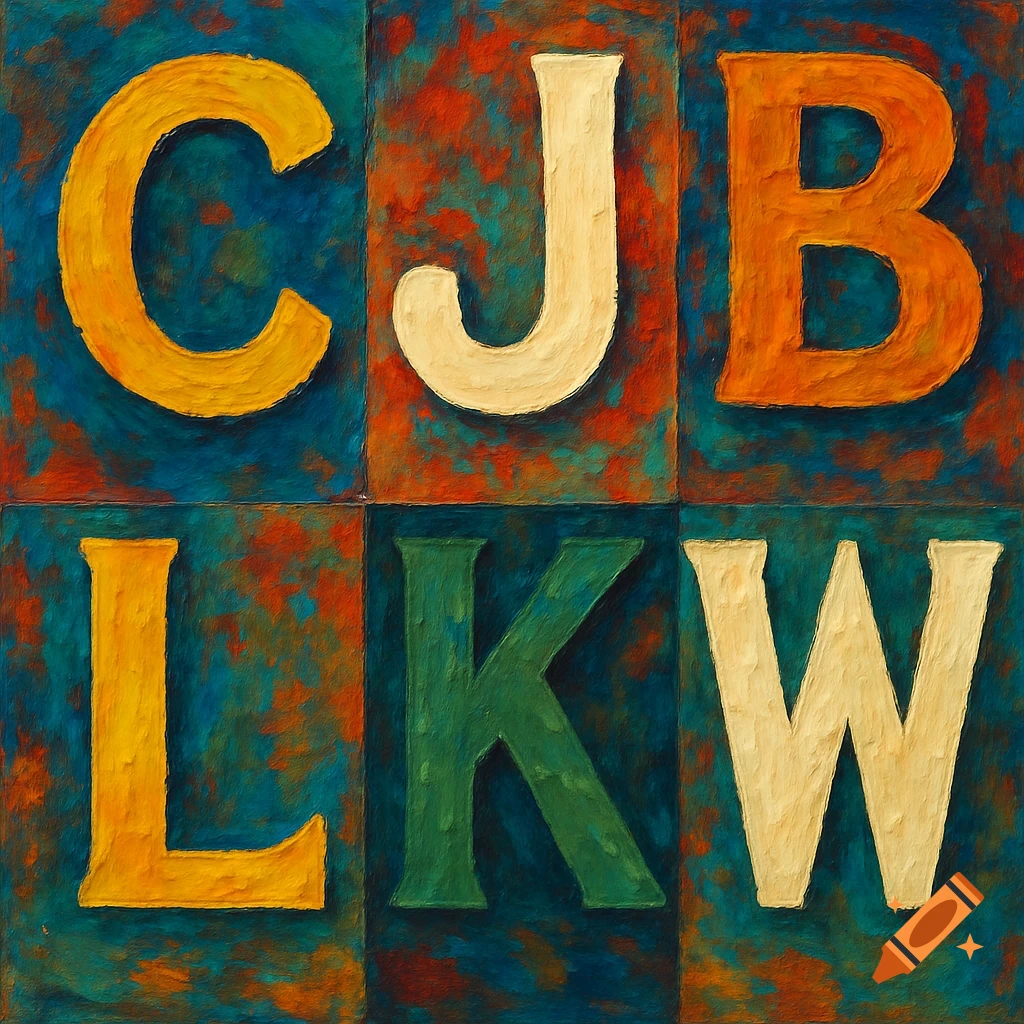 Letters C, J, B, L, K, W in a grid with a textured painted background.