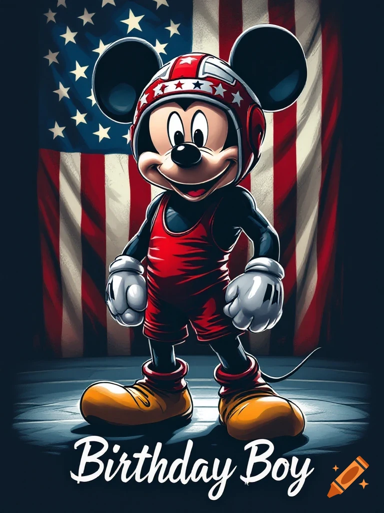 Mickey Mouse in red wrestling gear and headgear stands before a large American flag with the text "Birthday Boy" below.