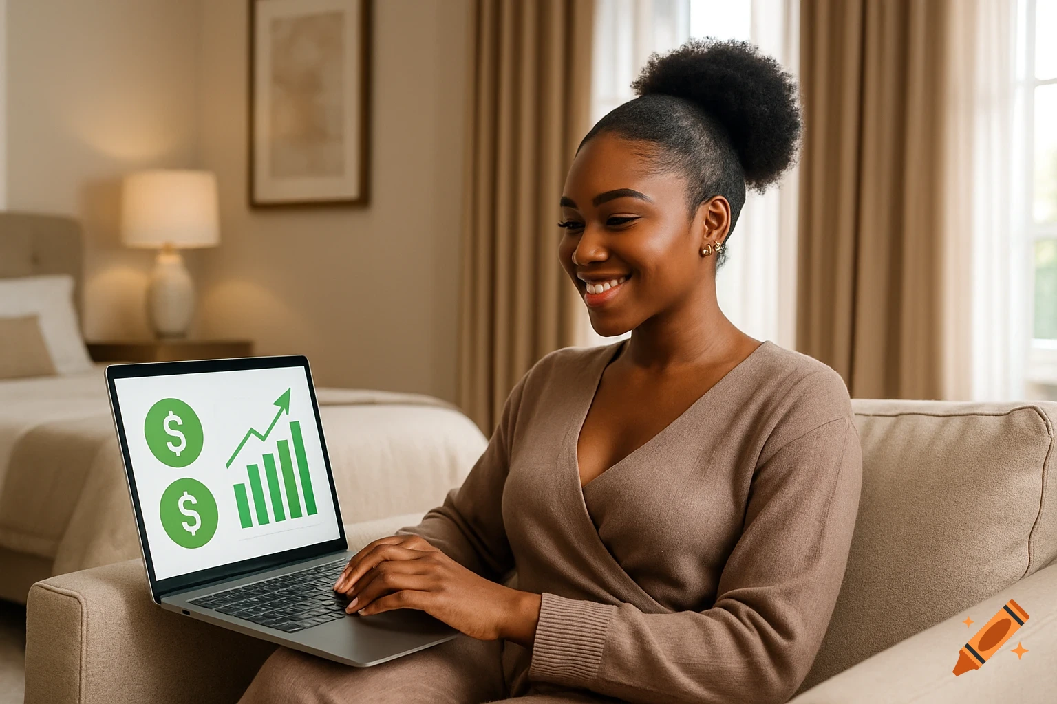 Young Black woman smiling while working on a laptop with financial charts on screen in a room.
