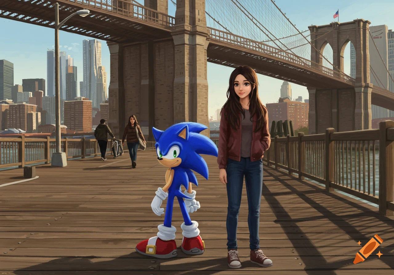 Sonic and a girl stand on a pier by the Brooklyn Bridge in New York City, digital art.