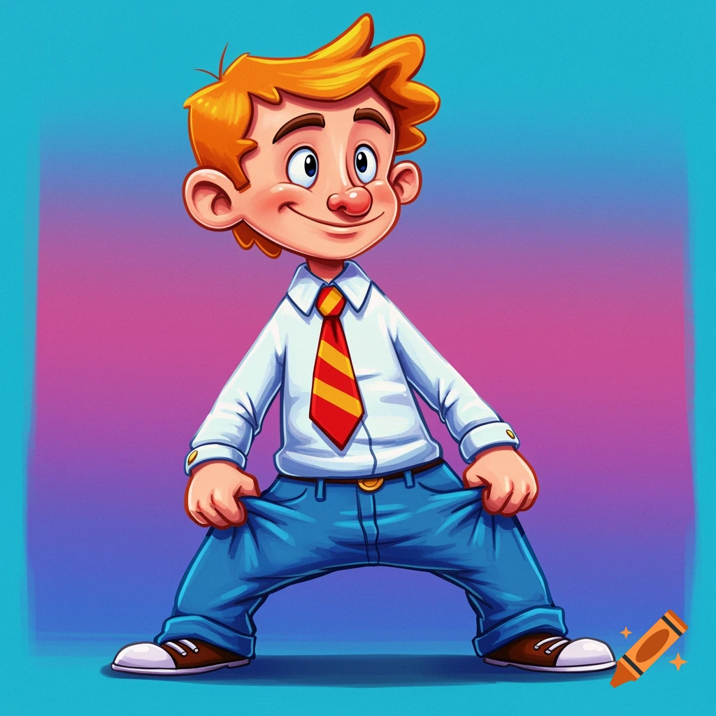 A bright cartoon illustration of a boy with orange hair pulling up his blue jeans.