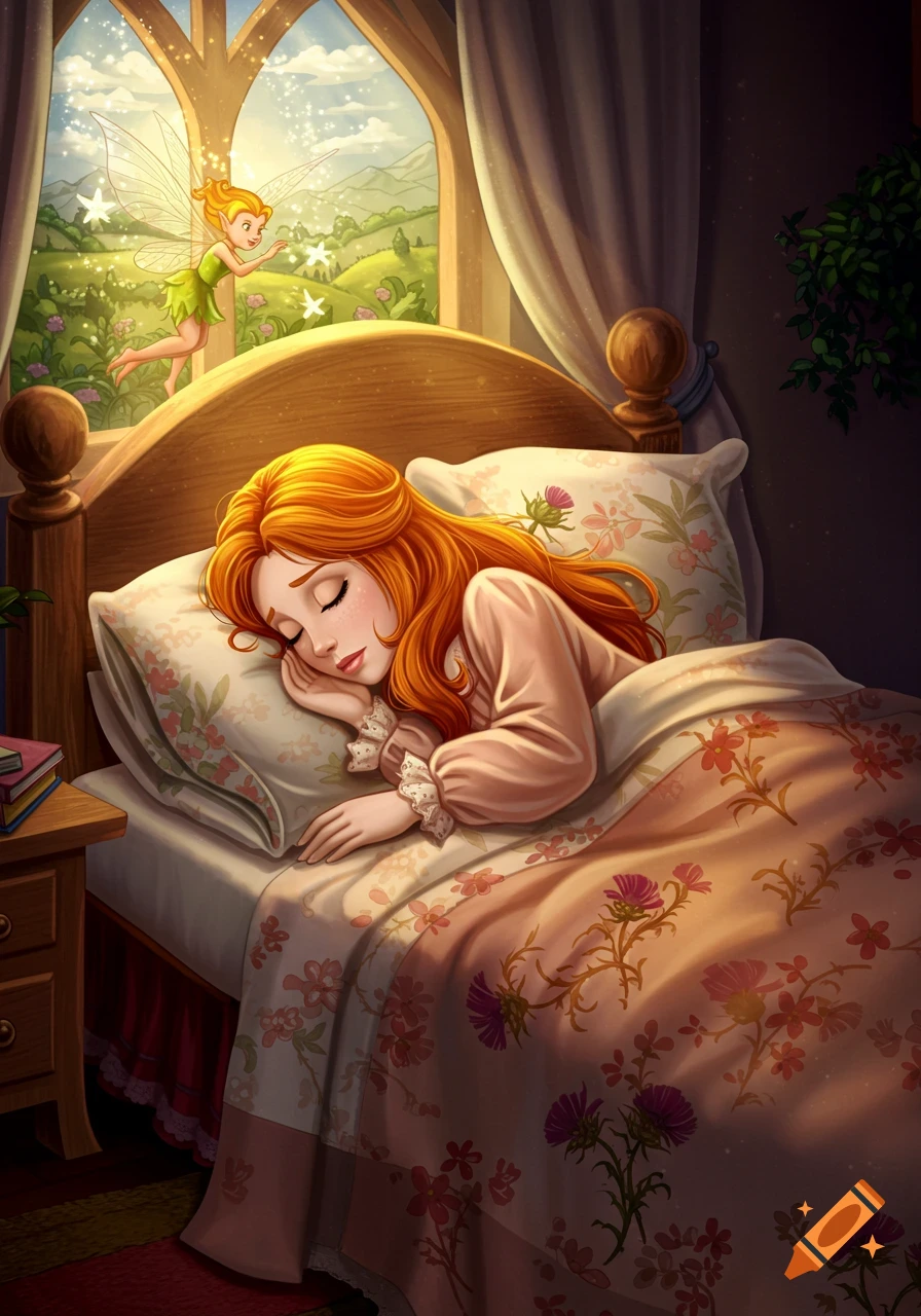 A red-haired woman sleeps in bed while a fairy appears outside the window in a fairytale illustration.