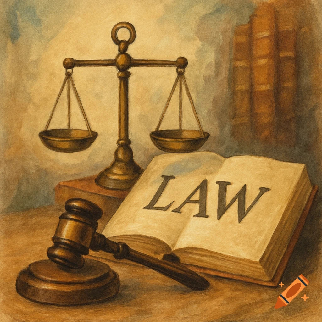 A painted image of a scale of justice, a gavel, and an open book titled "LAW", with books in the background.