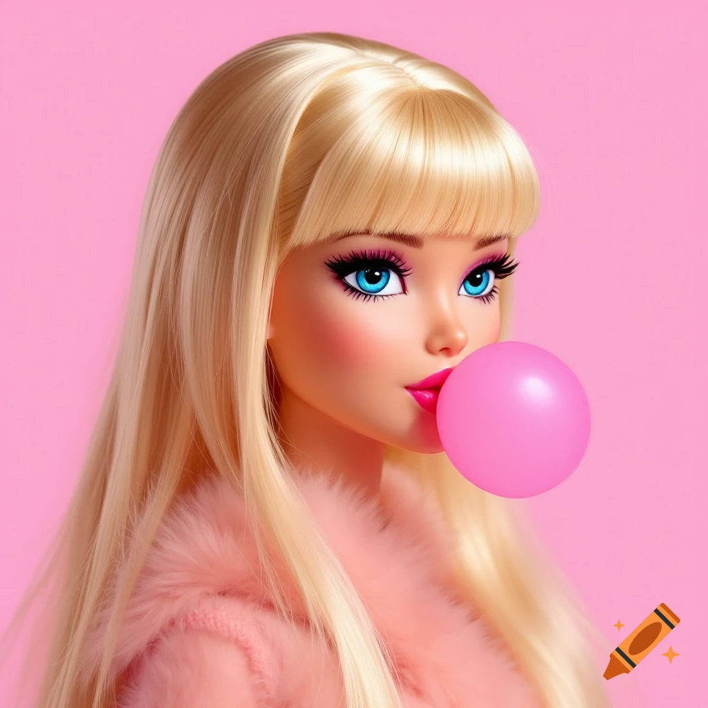 Close-up portrait of a blonde doll resembling Barbie, wearing a pink fluffy jacket, blowing a pink bubblegum bubble against a pink background.