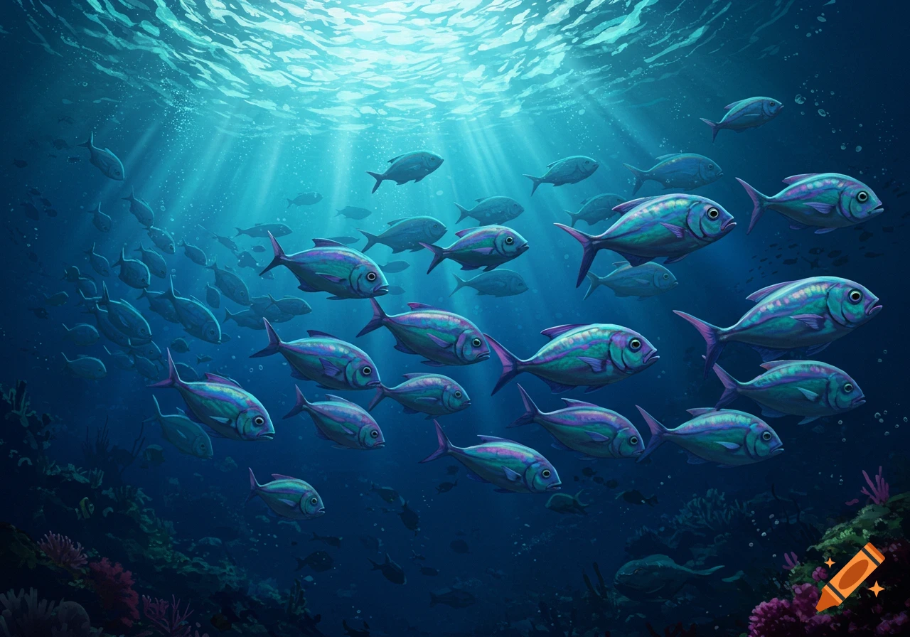 School of iridescent fish swimming in the ocean with sunlight rays.