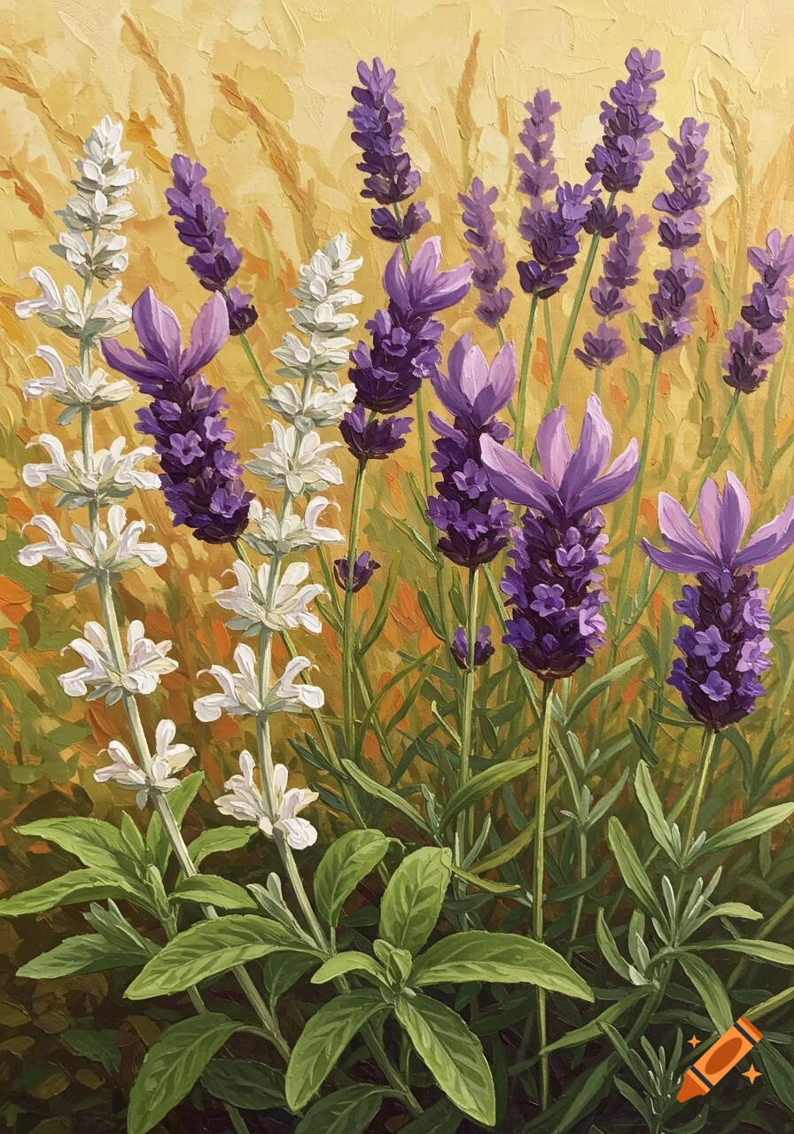 An oil painting of purple lavender and white sage flowers against a warm yellow background.