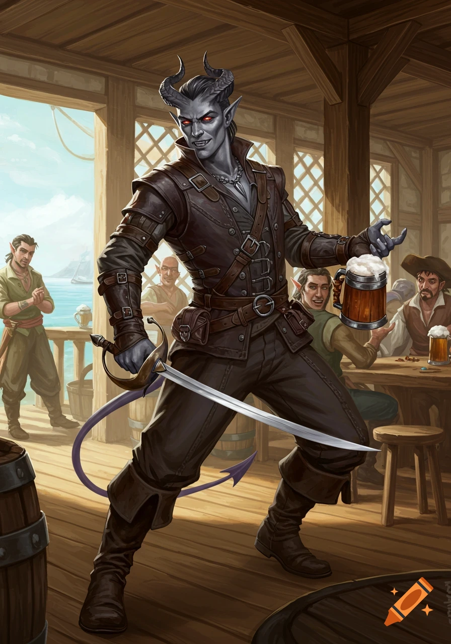 A grey-skinned Tiefling swashbuckler holds a beer and rapier in a seaside tavern with other patrons.