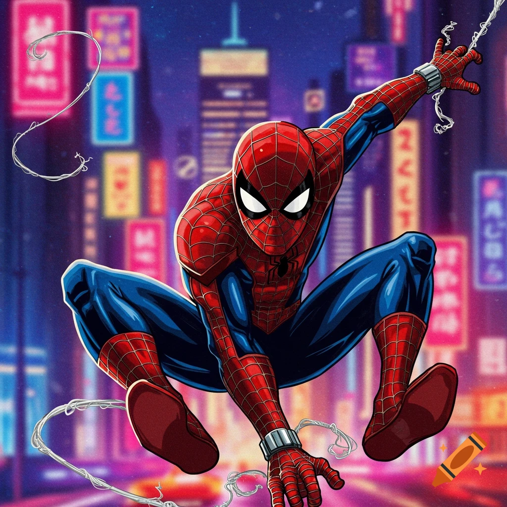 Spider-Man swings through a city at night with neon lights, comic art style.
