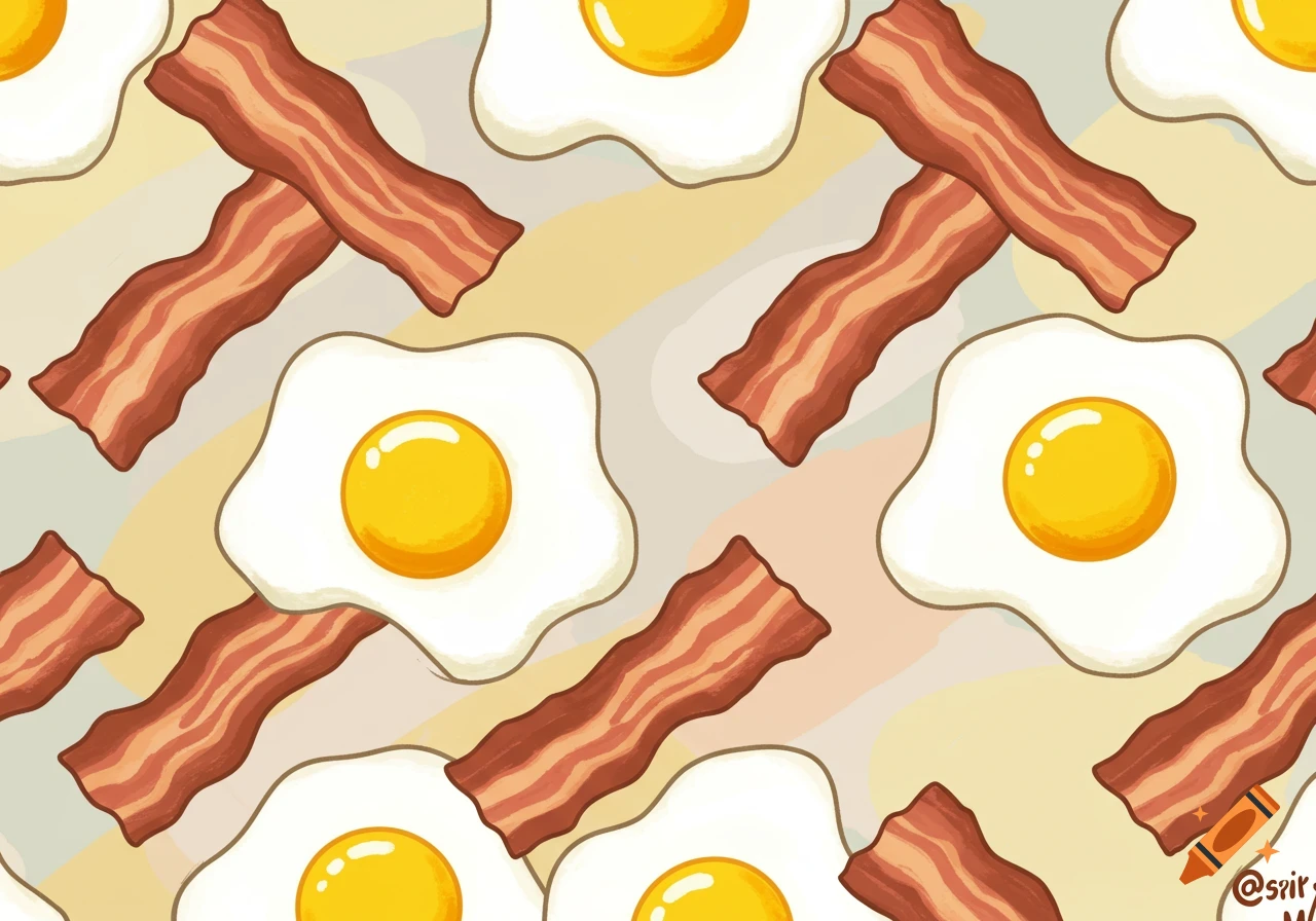 Seamless illustration pattern of fried eggs and bacon strips on a wavy background