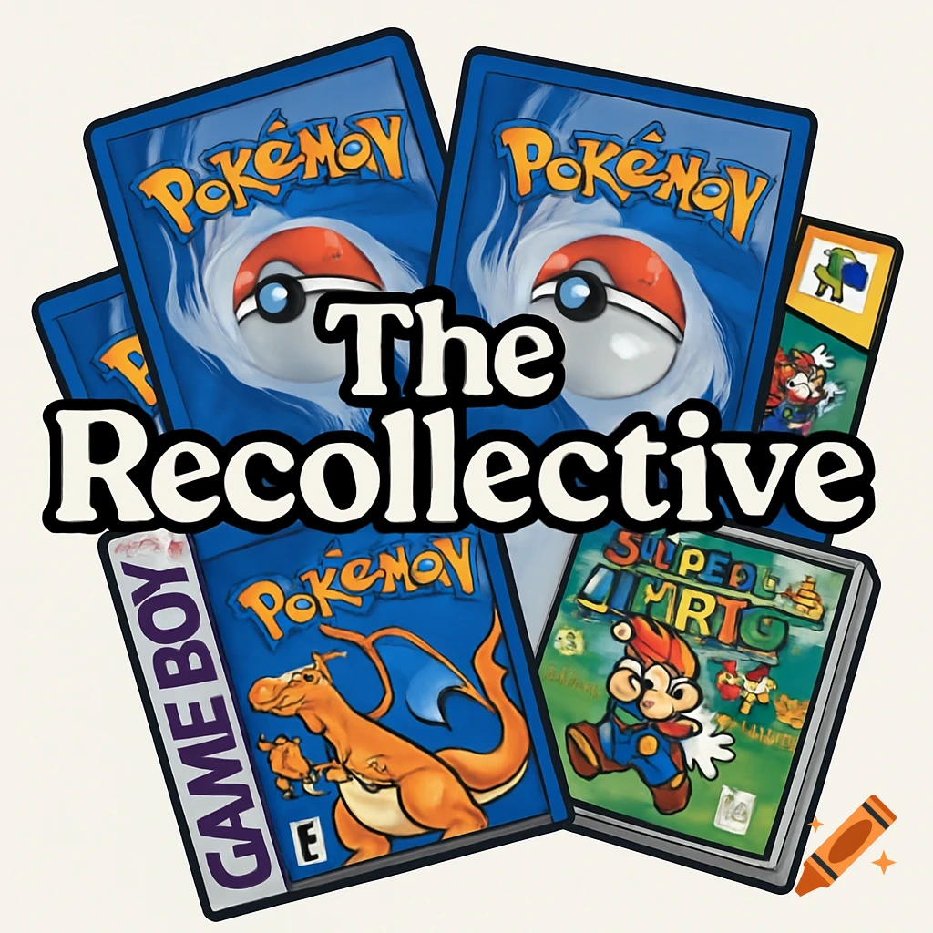 Text 'The Recollective' overlaid on Pokemon cards and retro video game cases