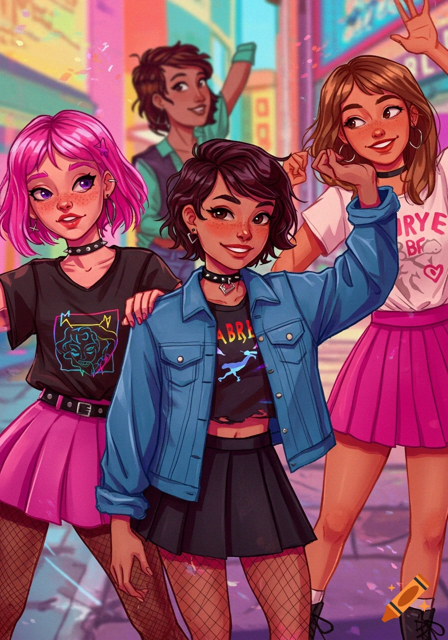 Stylized illustration of four diverse young women posing in an urban street setting.