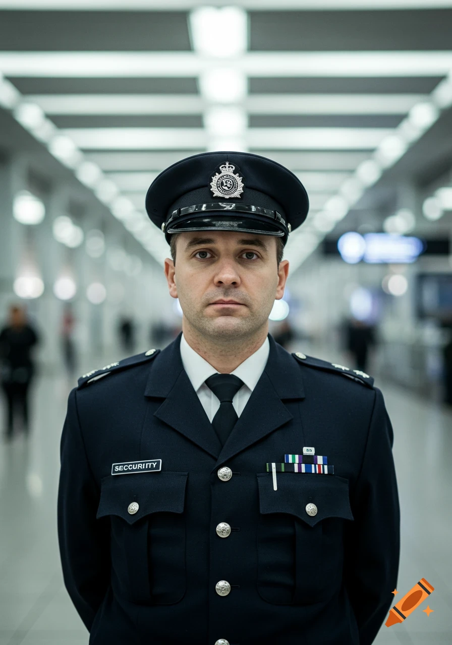 A man in a security uniform stands in a hall.