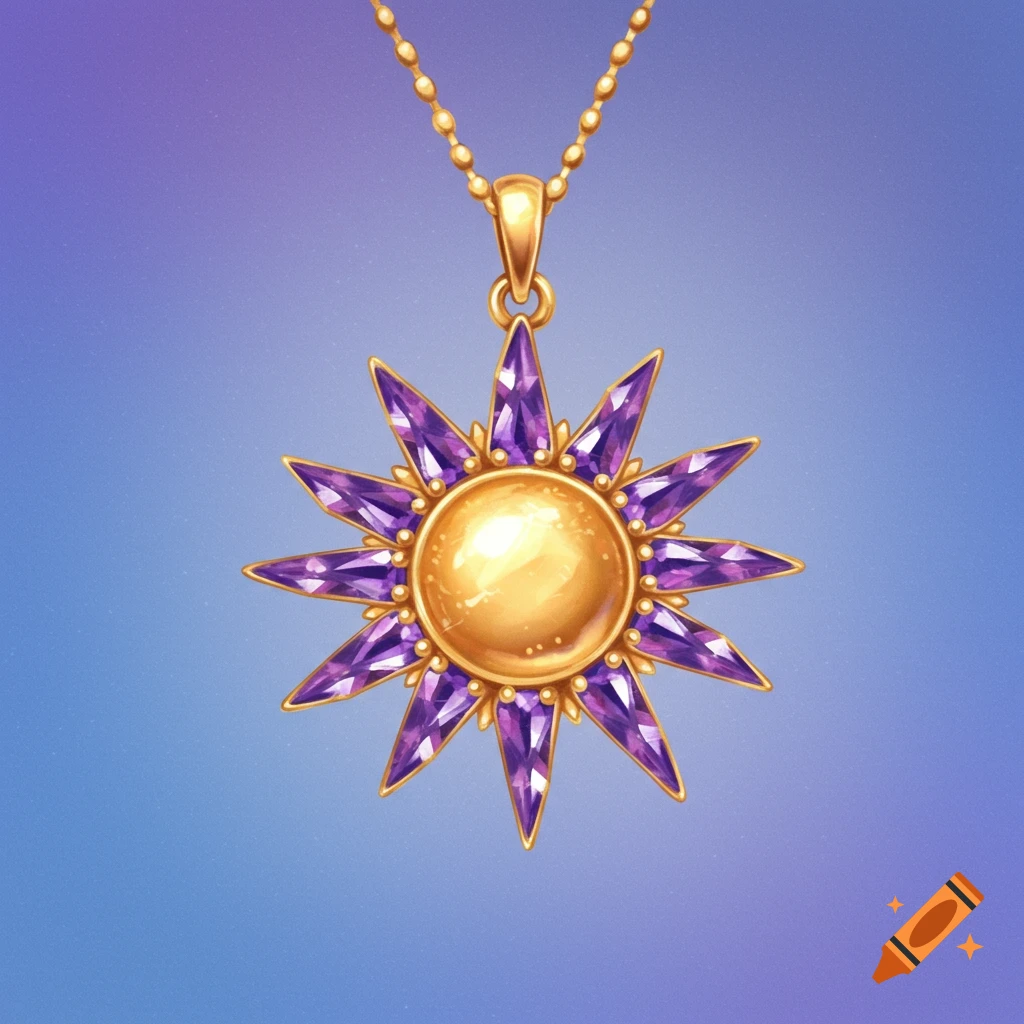 Gold sunburst pendant with purple gemstone rays on a thin gold chain against a blue-purple gradient background.