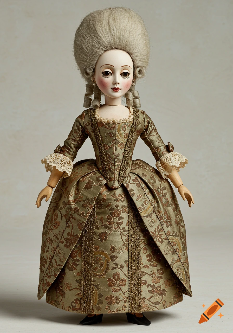 An antique-style doll wearing an 18th-century dress and powdered wig.