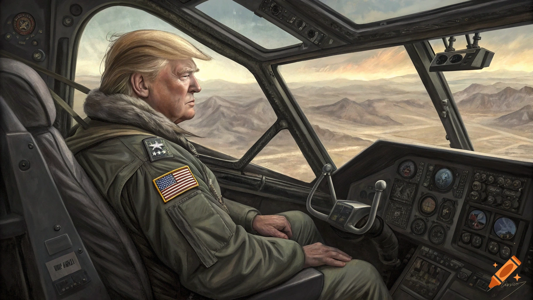 Painting of Donald Trump in a B-52 cockpit looking out over a desert landscape.