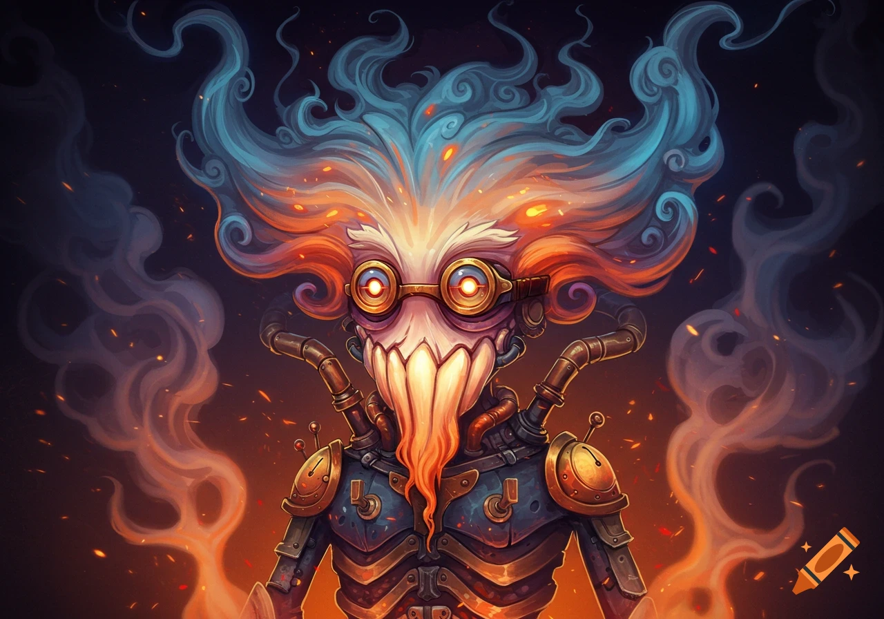 Stylized creature with glowing goggles, big grin, pipe arms, armor, and fiery smoke hair surrounded by smoke and embers.