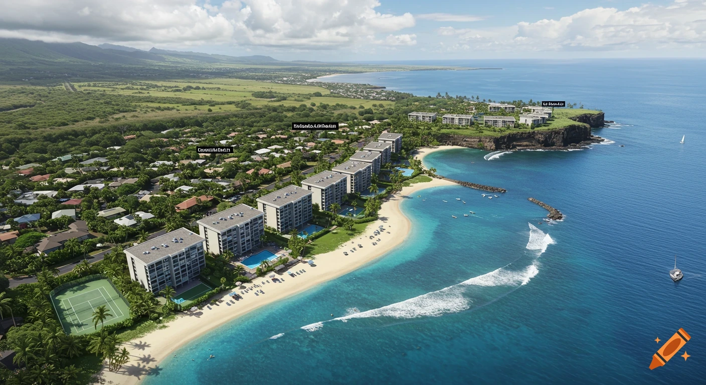Aerial view of condo buildings and tennis court on a tropical beach with turquoise water