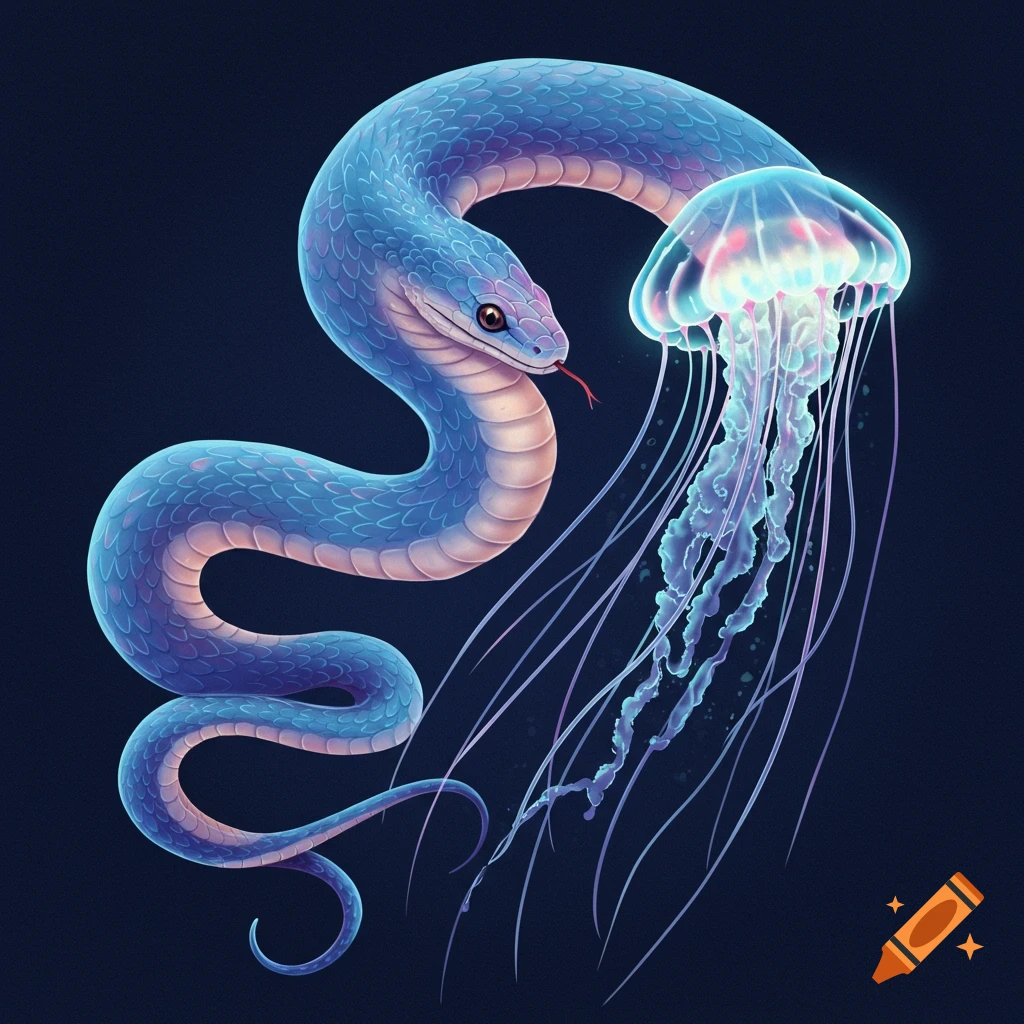 A blue fantasy snake intertwined with a glowing jellyfish on a dark background.