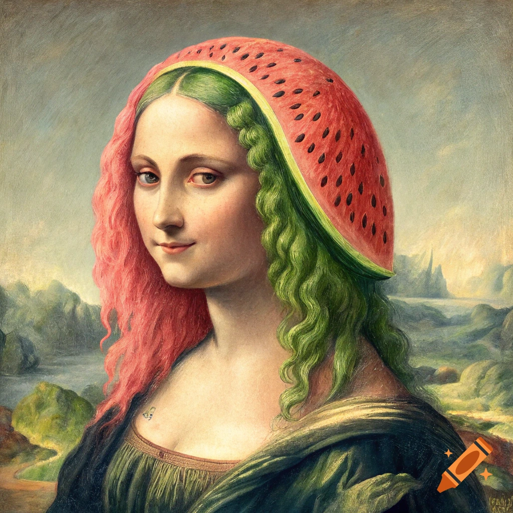 Painting of the Mona Lisa with watermelon hair and rind head covering.