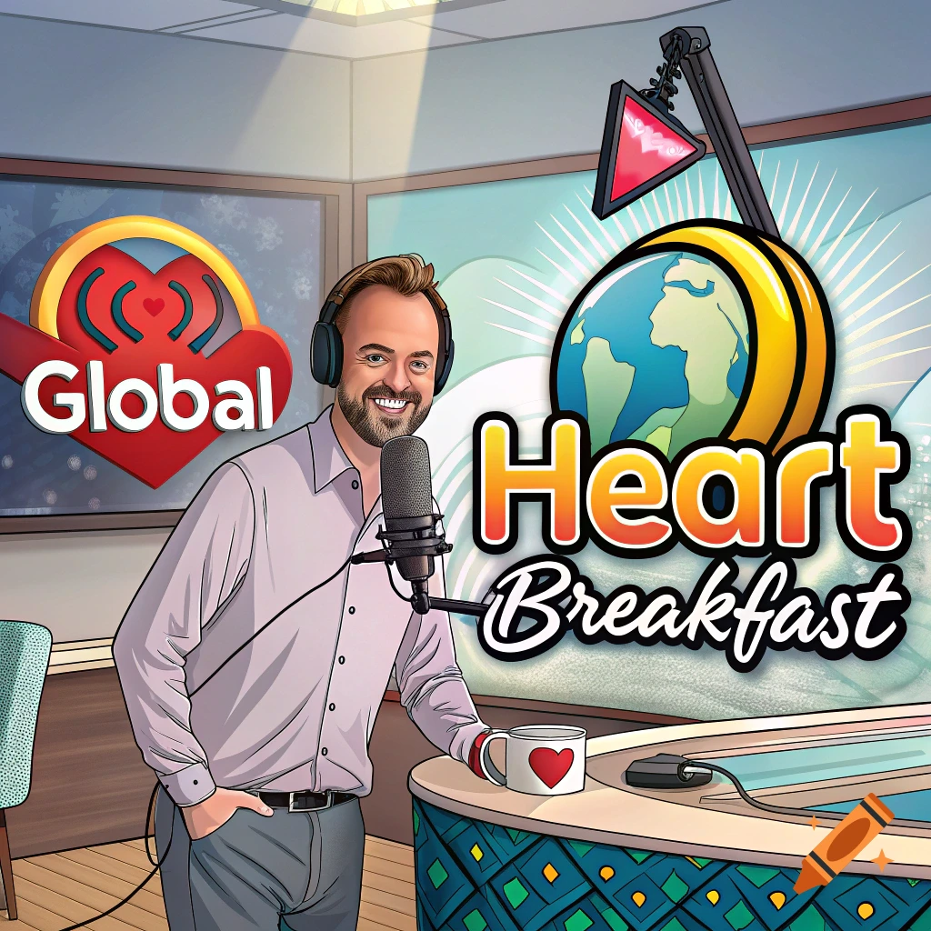 Illustration of a man hosting a radio show in a studio with 'Global Heart Breakfast' text.