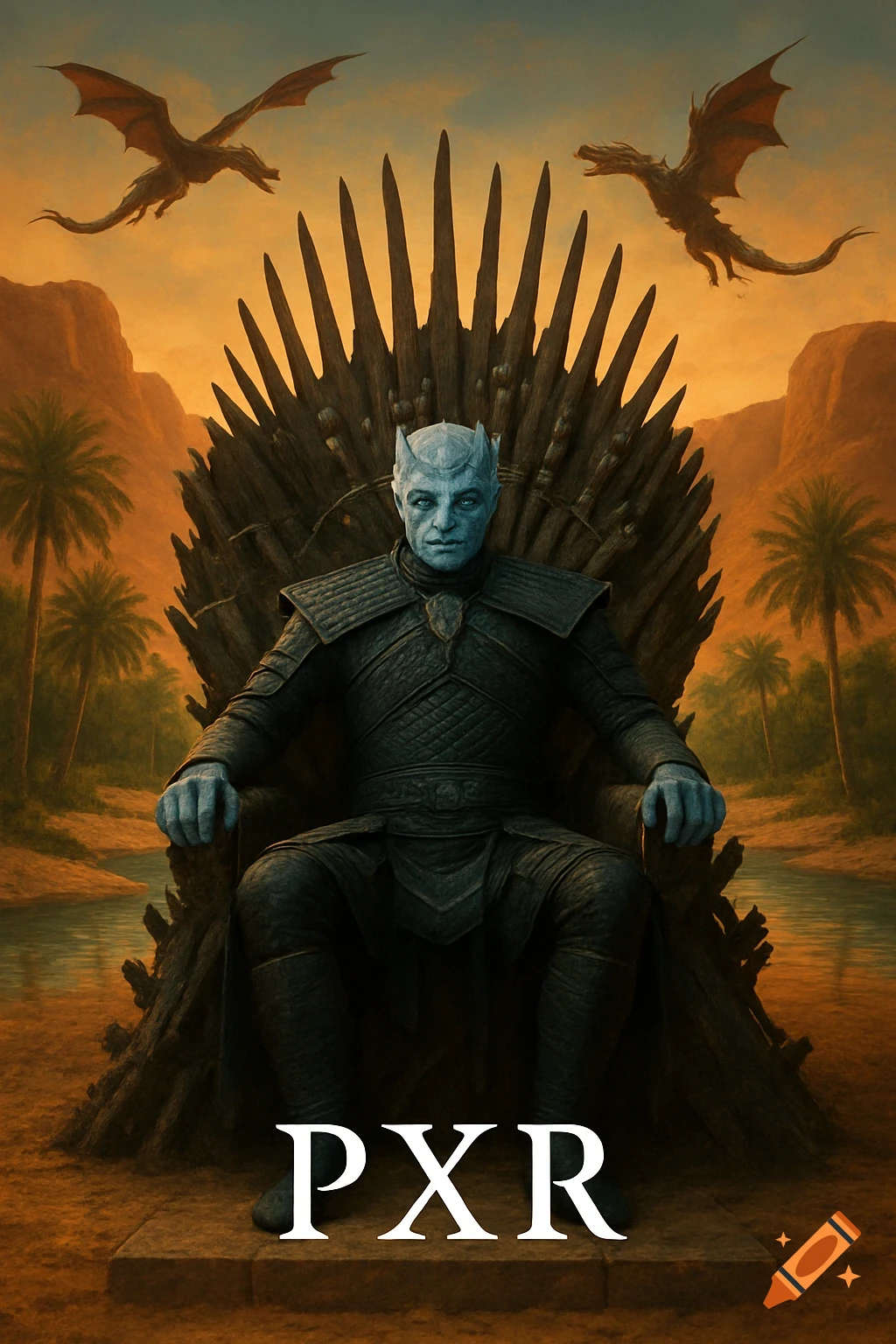 A pale figure sits on a throne of spikes as two dragons fly overhead in a desert oasis. Text 'PXR' at bottom.
