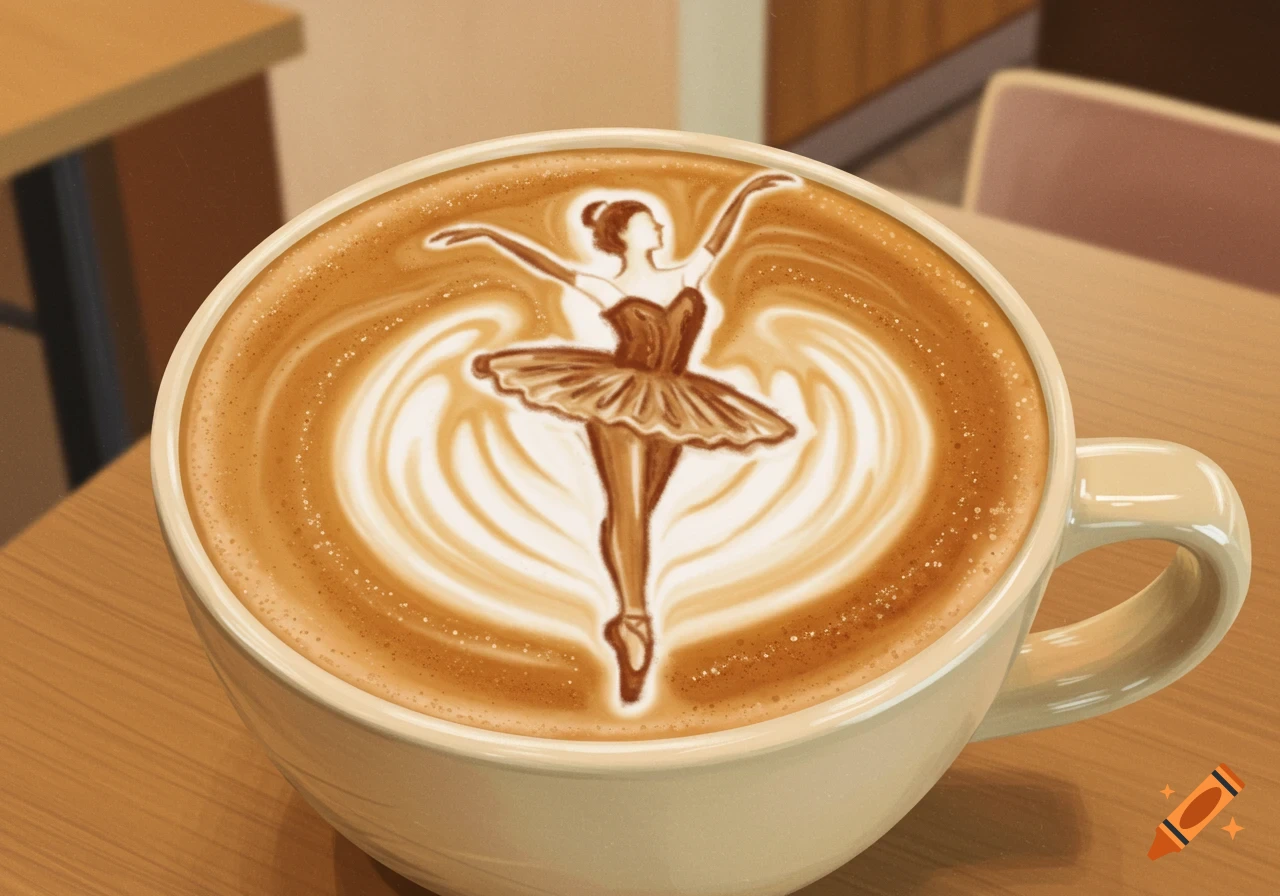 Latte art of a ballerina in a cup of coffee