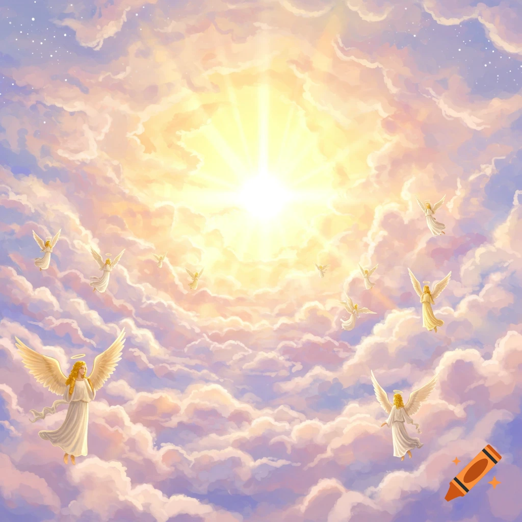 Angels flying in a heavenly sky with bright sunlight and clouds.