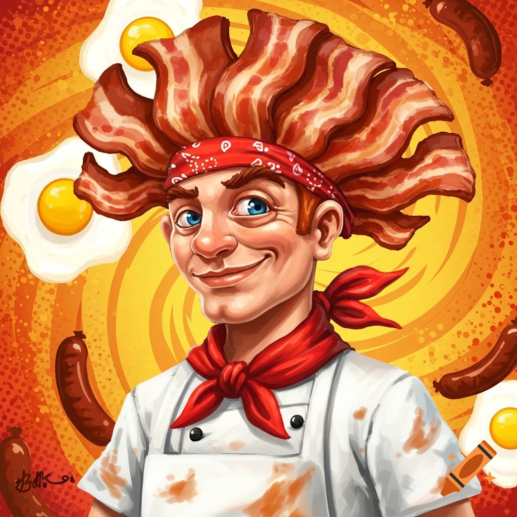 Cartoon illustration of a chef with bacon hair surrounded by floating eggs and sausages.